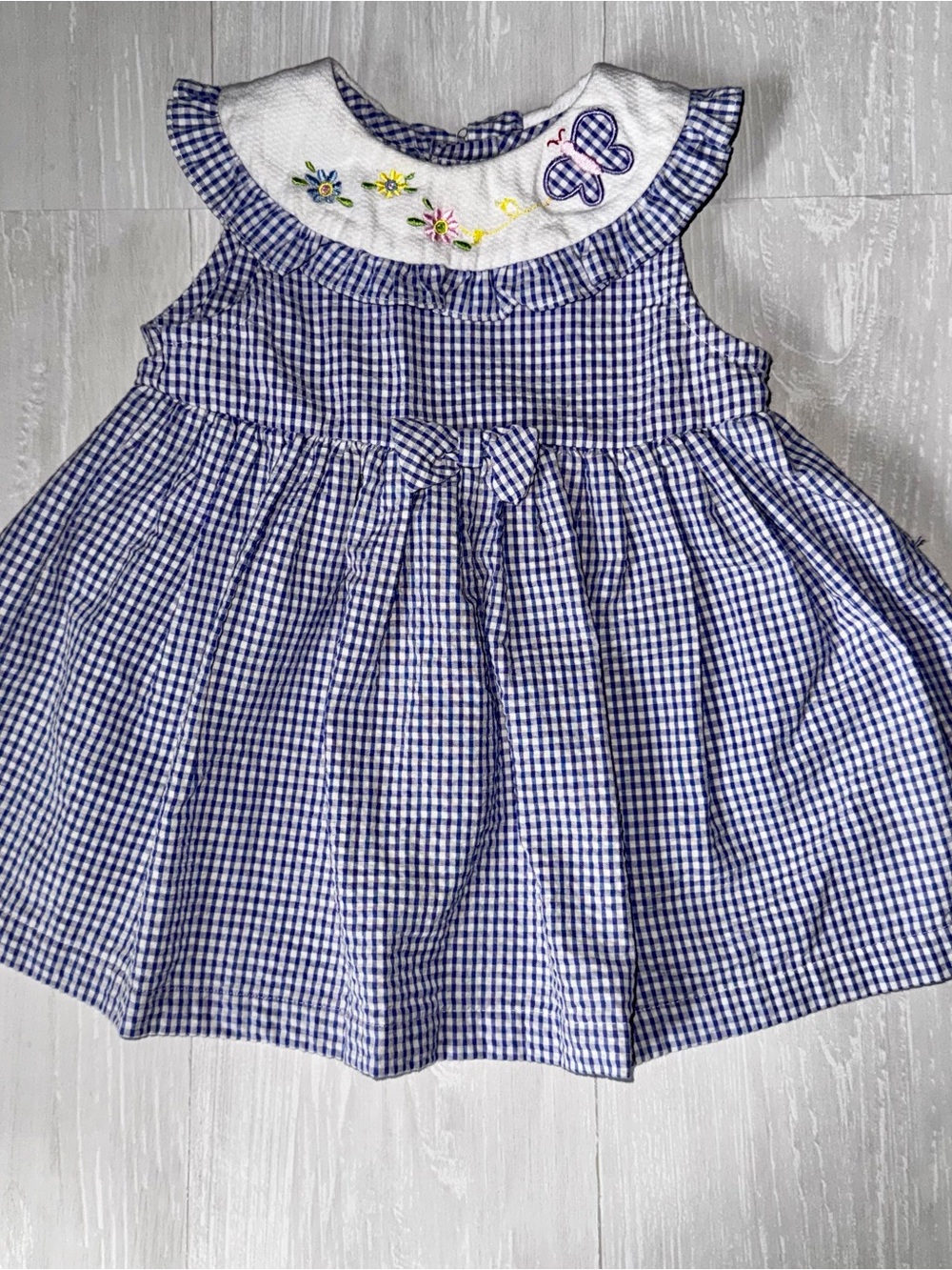 Vintage Blue Gingham Baby Dress with Embroidered Collar